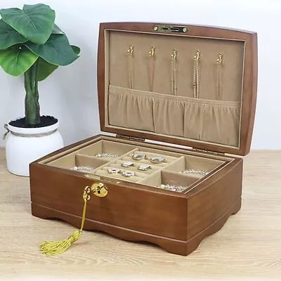 Wooden Jewellery Box Organiser Ring Earring Double Layer Storage Case With Lock • $71.16