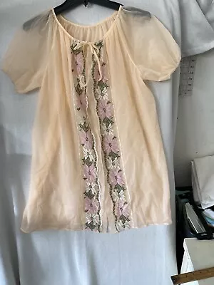 Vintage Peignoir Gown Nightgown Robe Lace Negligee Nylon Peach Embroidered L/XL • $29.99