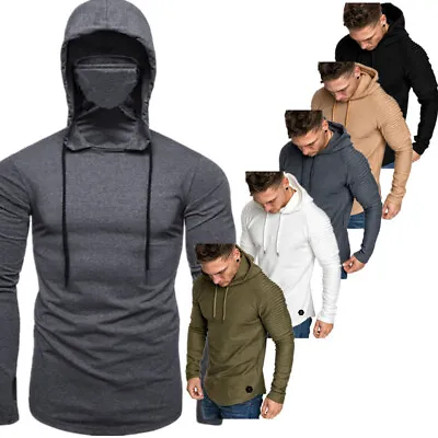 Men's Turtleneck Mask T-Shirt With Hood Long Sleeve Fishing Hoodie Sweatshirt • $9.19