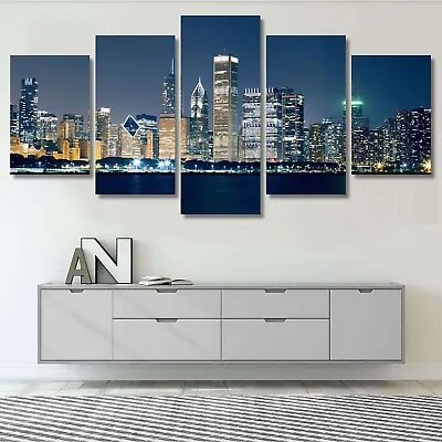 Night View Chicago Skyline 5 Pieces Canvas Print Wall Art Poster Home Decoration • $161.80
