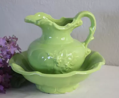 Vintage McCoy Lime Green Small Pitcher Bowl Basin Made In USA Grapes Mid Century • $14.99