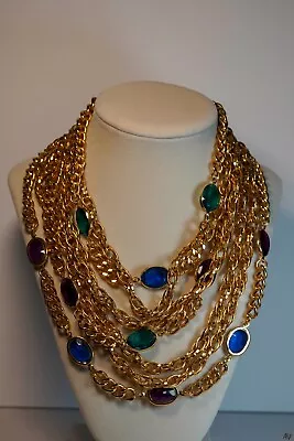 Vintage Seven Strand Gold Tone Statement Necklace 15  Choker Bib • $15