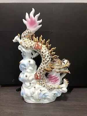 Vintage Chinese Porcelain Dragon Figurine White Gold Feng Shui Good Luck Fortune • $155.99