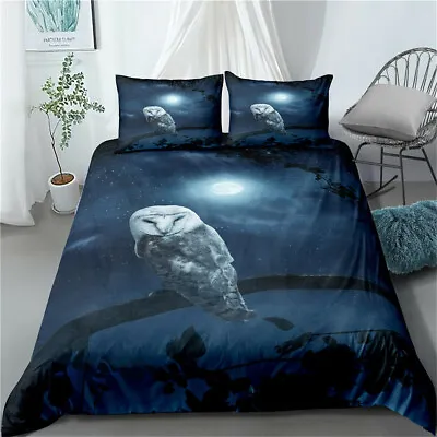 King/Single/Double/Queen Size Bed Quilt Doona Duvet Cover Set Blue Moon Owl Dark • $16.09