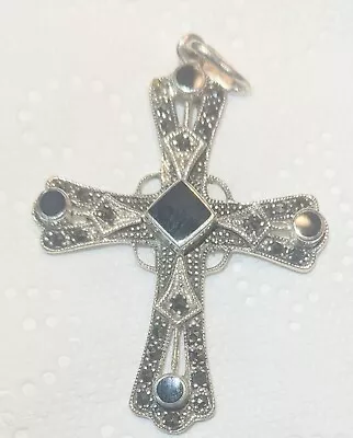 Sterling Silver 925 Black Onyx Crucifix Cross Marcasite Pendant 2  X 1  1/2   • $20