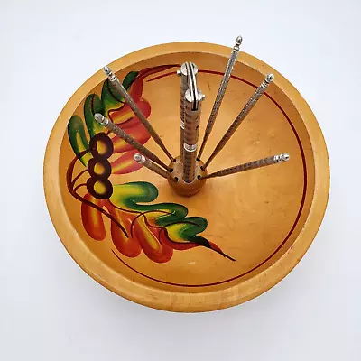 $21.21 • Buy Wood Wooden Nut Bowl NUT CRACKER Set 6 Picks Painted Leaves Acorns Vintage