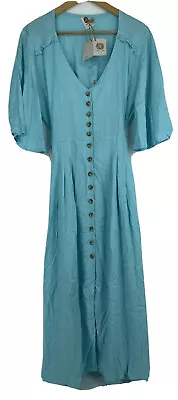 ELF Women's Blue Lola Button Up Midi V-Neck Praire Dress Size XL • $49.98