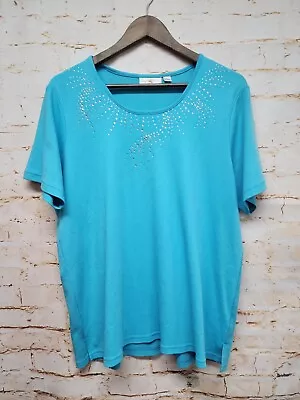 Quacker Factory Womens Embellished Top Sz L Blue Short Sleeve Blouse • $11.99