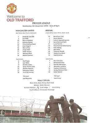 MAN UTD V ARSENAL Wed 5 December 2018 (folded OFFICIAL CLUB TEAM SHEET ONLY) • £1