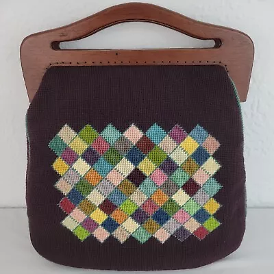 Vtg OOAK Needlepoint Handbag Wood Handle Plaid Geometric Handmade Vtg 1970s • $39.95