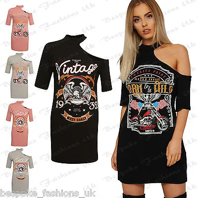 New Ladies One Shoulder Print Slogan T-shirt Dress Over Sized Casual Choker Neck • £7.12