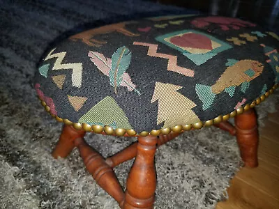 Vtg Antique Tapestry Maple Footstool SW NW Bear Feather Moose Fish Design • $129.99