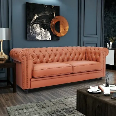 Tan Chesterfield Style 3-Seater Couch Armchair Club Seat Sofa Genuine Leather • $799