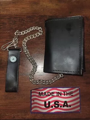 Men's Genuine Leather Trifold Chain Wallet Motorcycle Trucker Biker Black Wallet • $16.95