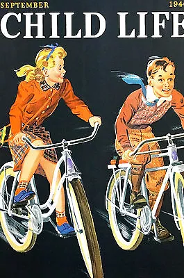 Child Life Art Cover 1940 BOY And GIRL RIDING BICYCLES Children Print Matted • $30