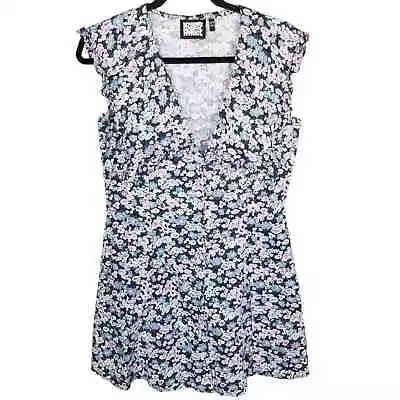 Reclaimed Vintage Floral Blouse Women 8 Ruffle Blouse V Neck Top Sleeveless Top • $28.02