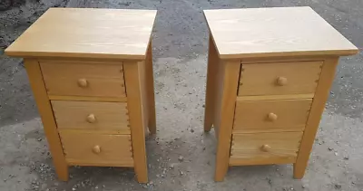 Pair Light Oak Bedside Table Cabinet 3  Drawers. Solid Oak. • £120