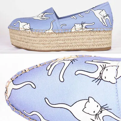 37 NEW $695 MIU MIU Blue WHITE WHIMSY CAT PRINT Platform ESPADRILLES FLATS NIB • $395