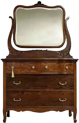 Antique Farmhouse Oak 4 Drawer Dresser Or Sideboard With Mirror • $1300