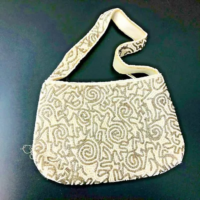 Vintage White Silver Beaded Purse Clutch Handbag Zip Closure 7  W  • $6.39