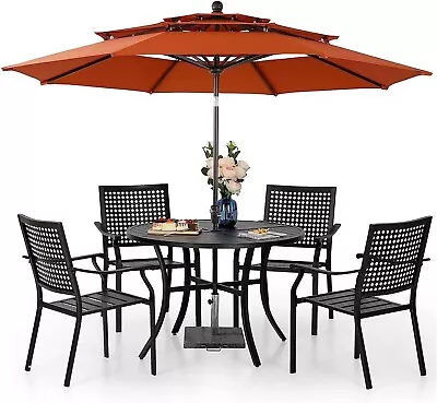 6 PCS Outdoor Dining Set Patio Furniture Metal Table And Chairs Set W/ Umbrella • $479.99