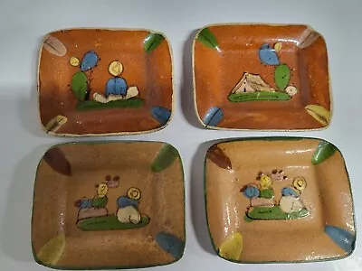 Set Of 4 Vintage Mexican Redware Hand Painted Folk Art Clay Pottery Ashtrays  • $15.95