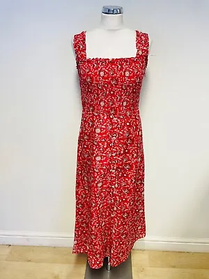 £50 • Buy Brora Red Floral Print Cotton & Silk Sleeveless Midi Length Dress Size 10