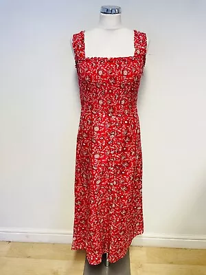 £50 • Buy Brora Red Floral Print Cotton & Silk Sleeveless Midi Length Dress Size 10