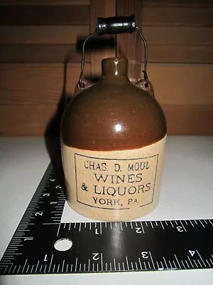 VINTAGE Stoneware CHAS D MOUL YORK PA Whiskey Jug 4  Pre-Prohibition Advertising • $750