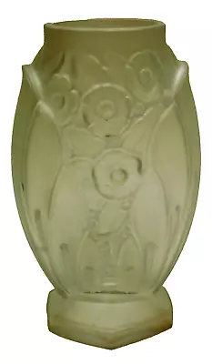 Muller Fres Luneville 11 3/4  Frosted Flat Sided Vase Art Deco Leaves & Flowers • $79.97