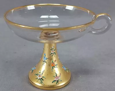 Bohemian Moser Type Raised Enamel Floral & Gold Handled Champagne / Sherbet C • $150