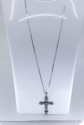 14K White Gold Vintage 24 Inch Diamond Cross Pendant & Box Chain 0.25 Cttw • $376