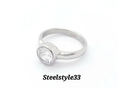 Ladies Silver Stainless Steel Cubic Zirconia Engagement Solitaire Ring • £7.99