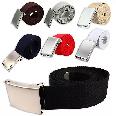 Men Women Unisex Cotton Canvas Fabric Webbing Silver Buckle Belt • £3.99