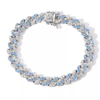 14K Gold 9MM Blue White Cuban Link Chain Moissanite Bracelet Distort HipHop Gift • $185