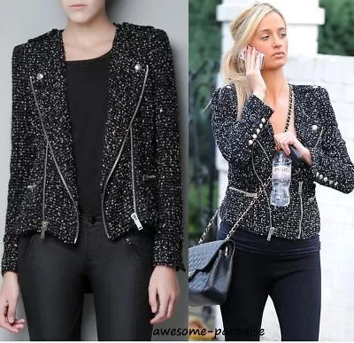 A229 Zara Black Fantasy Fabric Blazer Jacket With Zips Coat Extra Large - Xl • $99.99