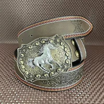 Mens Horse Cowboy USA Texas Western Leather Buckle Belt Brown One Size 130CM • £19.99