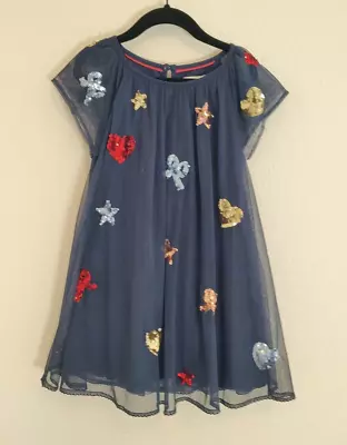 Mini Boden 4T 4 5T 5 110 Dress Navy Blue Sequins Dressy Tulle Short Sleeve • $29.99