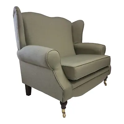 Wing Back Queen Anne Cottage Two Seater Sofa In Sage Green Herringbone Fabric • £819