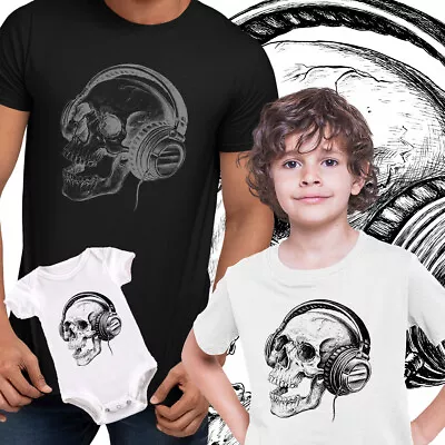 Skull Headphones DTG Printed Mens Kids T Shirt S-3XL Band Skeleton Music Retro  • £14.99