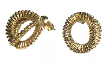 Vintage Accordion Fan Textured Hoop Stud Earrings Gold Brass Tone 0.5” 80s • $2.40