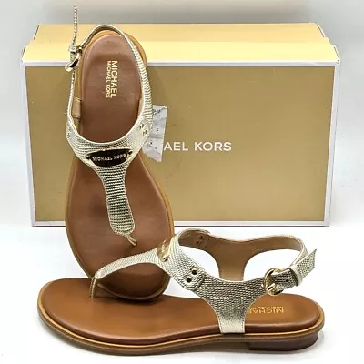 Michael Kors Women's Logo MK Plate Thong Leather Flat Sandal [Pale Gold Size 6] • $49.99