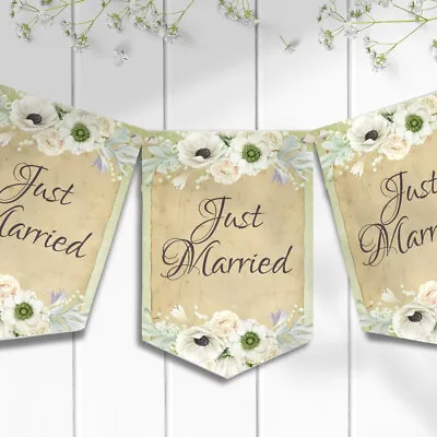 Vintage Style Just Married Bunting Rustic Wedding Decorations Venue Reception • £6.99