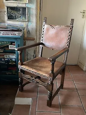 Jacobean Solid Carved Oak Leather Upholstered Carver Chair Restoration Project • £89