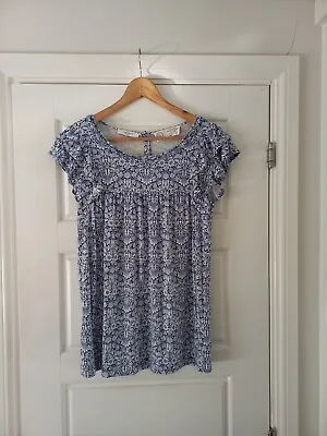 Fat Face Blue White Stretchy Liberty Print Floral Ruffle Top Size 8 Uk Fit 10 12 • £29.99