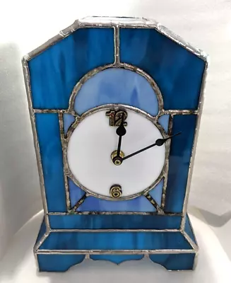 LJ. Vintage Tiffany Style Blue Stained Glass Desk Mantle Quartz Clock 10.5  Tall • $36.45