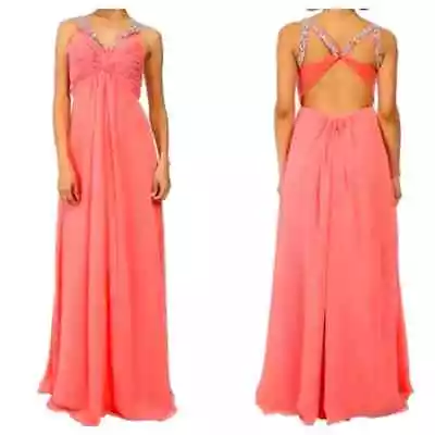 Faviana Beaded Chiffon Evening Gown SIZE 0 Formal Peach Beaded Rhinestone NEW • $148