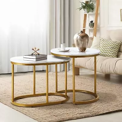 Oikiture Set Of 2 Coffee Table Round Oval Marble Nesting Side End Table Gold • $102.90