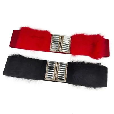 Women Elastic Wide Belts Faux Furs Coat Waist Belt Female Buckle Strap • £8.86