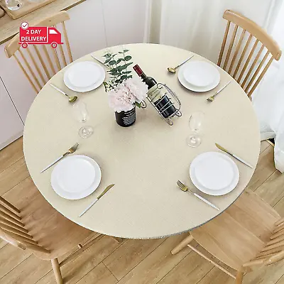 Round Fitted Vinyl Tablecloth With Elastic Edge 100% Waterproof Oil Proof PVC Ta • $36.20